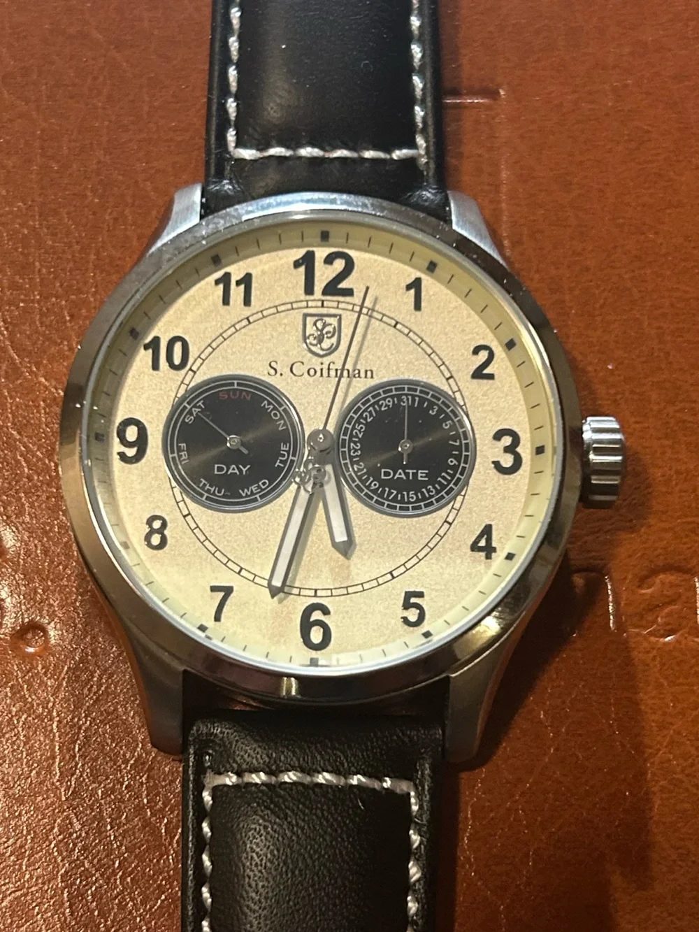 S Coifman Watch With 44mm Silver Light Gold Tone Face With Black Leather Band
